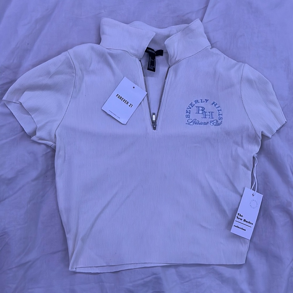 Beverly Hills Tight White Collared Zip Up Forever 21 Shirt Size M *BRAND NEW*